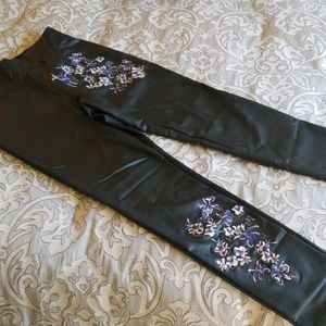 Black Pleather Floral Embroidered pants